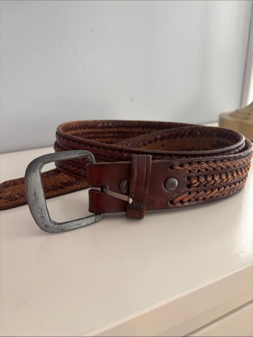 Braided Brown Leather Women's Belt with Metal Buckle